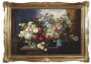 Still-life With Three Bouquets In Front Of A Window. Oil/canvas, Signed