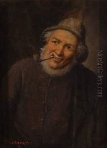 Oil On Panel,1/2 Length Portrait Of A Fisherman Smoking A Pipe, Signed, 8" X6"