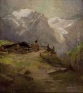 Almhutte Vor Schneebedeckter Bergkette by Konstantin Stoitzner