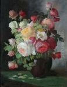 Still Life Of Roses In A Vase, On A Table by Konstantin Stoitzner