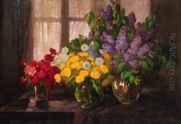 Carnations, Dandelions And Lilac In Vases On A Partially Drapedtable - view 1