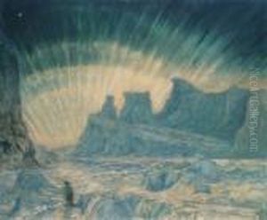 Fan-shaped Aurora Australis, Emperor Penguin In Theforeground by Frank Wilbert Stokes