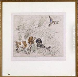 Two Setters And A Mallard - Colour Drypoint Etching