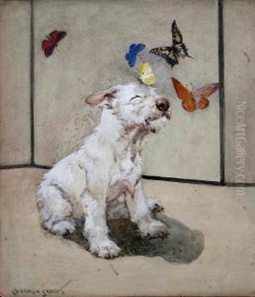 White Terrier And Butterflies - view 1