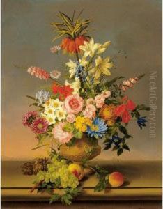 Still Life Of Various Flowers In
A Vase With Bunches Of Grapes And Peaches, All Resting On A Ledge With A
Landscape Beyond by Leopold Stoll