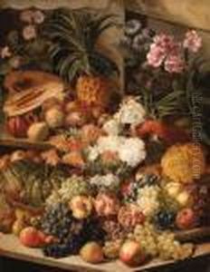 An Opulent Still Life Of Flowers, Fruit And A Parrot