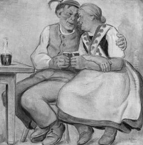 A. "tiroler Bauernpaar Beim Wein". Sign. Und Bez. Bozen. Ol Auf Lwd. 59 X 60 Cm. Rahmen