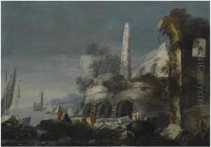 A Capriccio Coastal Scene With Figures By Ruins In The Foreground