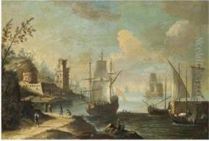A Mediterranean Harbour Scene With Figures On A Path In The Foreground, A Fort Beyond