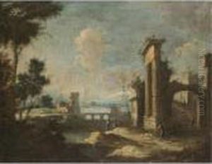 An Italianate River Landscape With Pastoral Figures Amongst Classical Ruins by Antonio, Tonino Stom