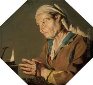 An Old Lady Telling Beads By Candlelight