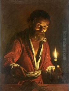A Nocturnal Scene With A Man Holding A Candle, Pointing To A Crab On A Table