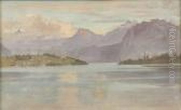 Lake View With Mouintains,
 Gouache On Paper 
- Sight: 6 In. X 10 1/4 In - view 1