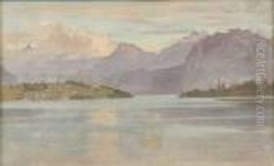 Lake View With Mouintains,
 Gouache On Paper 
- Sight: 6 In. X 10 1/4 In