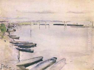 Boats on Banks of Vistula River by Julian Falat