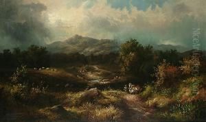 A Extensive Landscape With A Horse And Cart On A Lane, Mountains Beyond