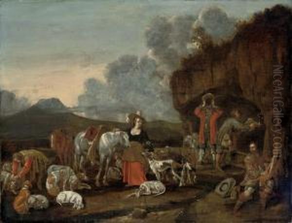 A Hunting Party At Rest In A Rocky Landscape - view 1