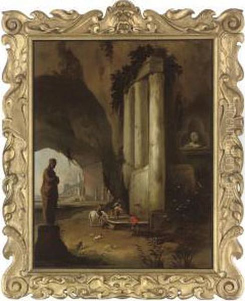 A Capriccio Of Roman Ruins With Travellers And Their Horses Atrest - view 1