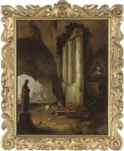 A Capriccio Of Roman Ruins With Travellers And Their Horses Atrest by Dirck Willemsz. Stoop