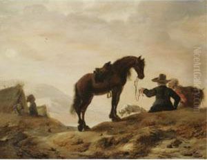 A Landscape With A Cavalier Resting With His Horse And Dog by Dirck Willemsz. Stoop