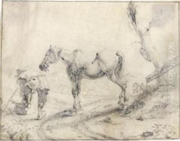 Landscape With A Peasant Tying His Shoelace, Alongside His Horse - view 1