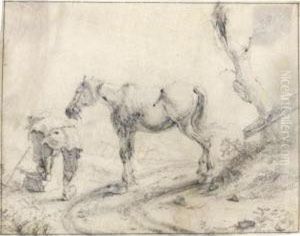 Landscape With A Peasant Tying His Shoelace, Alongside His Horse