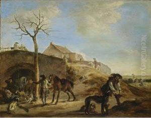A Landscape With Huntsmen 
Preparing For The Hunt, Together With Their Hounds And Horses, A Stone 
Bridge With Figures Nearby, With A Fortified House In The Background by Dirck Willemsz. Stoop