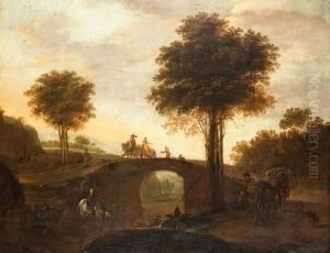 An Italianate River Landscape
With A Muleteer On A Track And A Horseman Watering His Horse, Travellers
Crossing A Bridge Beyond by Dirck Willemsz. Stoop