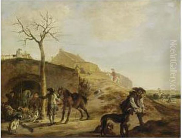 Sportsmen Preparing For The Hunt, Together With Dogs And Horses - view 1