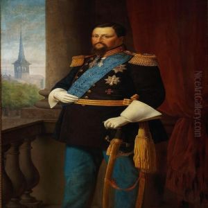 A Portrait Of Kingfrederik Vii 
Standing On A Balcony, In The Background A View Ofborsen In Copenhagen
