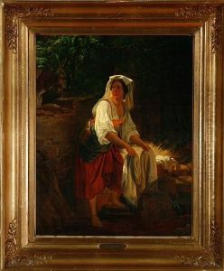 An Italian Woman Is Washing Clothes In A River