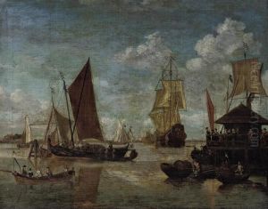 A Dutch Man-o'war Leaving Port 
On A Calm Day With Fishermenunloading Their Pots In The Foreground by Jacobus Storck