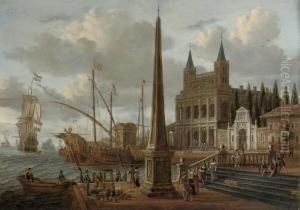A Meditteranean Harbour Scene With The Facade Of The Basilica Disan Giovanni In Laterano