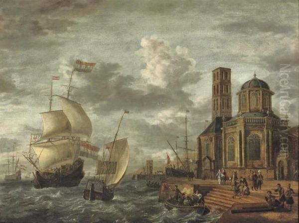 A 'capriccio' View Of A Harbour With Shipping Near A Large Church - view 1