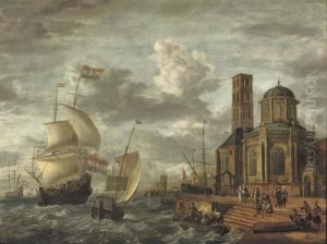 A 'capriccio' View Of A Harbour With Shipping Near A Large Church by Jacobus Storck