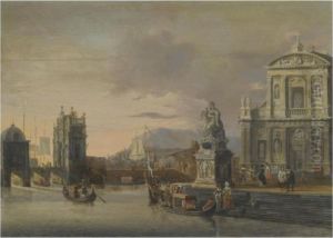 A Mediterranean Harbour Capriccio With Elegant Figures Boarding Gondolas