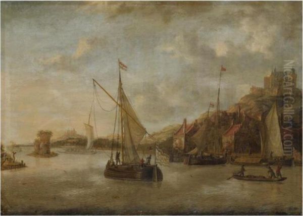 A Dutch Harbour Scene With
Sailing Vessels And Other Shipping Nearthe Coast, With Numerous Figures
On The Quayside, A View Of Acastle Beyond - view 1