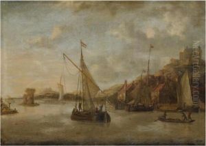 A Dutch Harbour Scene With 
Sailing Vessels And Other Shipping Nearthe Coast, With Numerous Figures 
On The Quayside, A View Of Acastle Beyond by Jacobus Storck