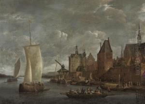 A River Landscape With Travellers On A Ferry Boat And Other Shipping By A Quayside by Jacobus Storck