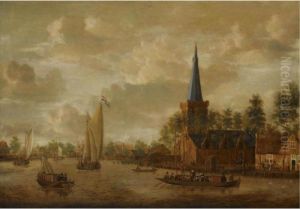 A View Of A Church Along A River With Ferries And Other Sailing Boats by Jacobus Storck