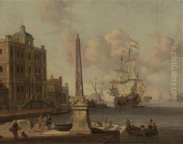 A Capriccio Of A Mediterranean
Harbour, With Figures Conversing On The Waterfront, A Palazzo Beyond - view 1
