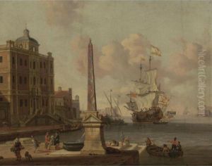 A Capriccio Of A Mediterranean
Harbour, With Figures Conversing On The Waterfront, A Palazzo Beyond by Jacobus Storck