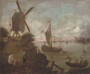 A River Landscape With Figures And Boats by Jacobus Storck