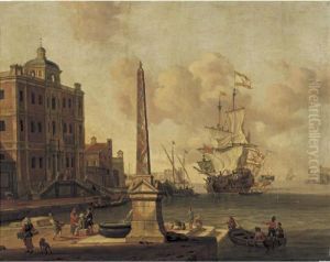 A Capriccio Of A Mediterranean
Harbour Scene, With Figures Conversing On The Waterfront, A Palazzo
Beyond by Jacobus Storck