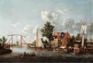 A Dutch River Landscape With Three Ships And A Boat by Jacobus Storck