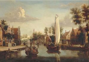A View Of Maarsen, With A Ferry And A Saling Boat On The Rivervecht