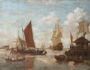 Figures On A Quayside With A Dutch Man O'war, Pinks And Other Vessels On An Estuary