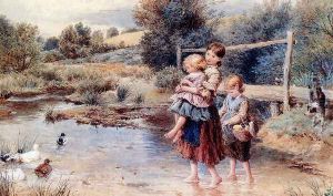 Children Paddling In A Stream by Myles Birket Foster