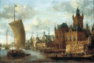 A River Landscape With Figures In A Ferry Before An Imaginary Town by Jacobus Storck