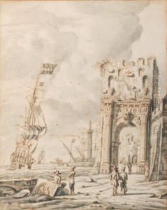 A Mediterranean Harbour Scene With Figures By A Gate, A Dutch Mano'war Nearby by Jacobus Storck